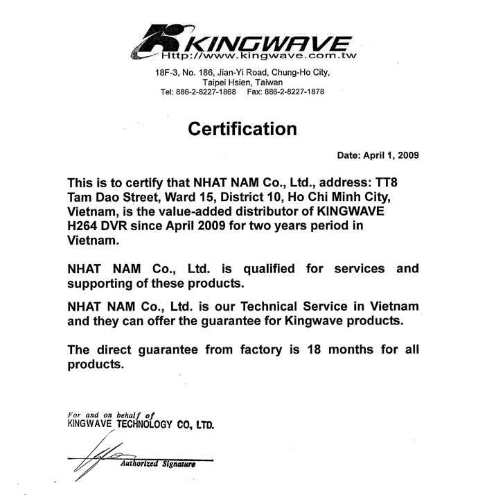 Kingwave Distributor Certificate